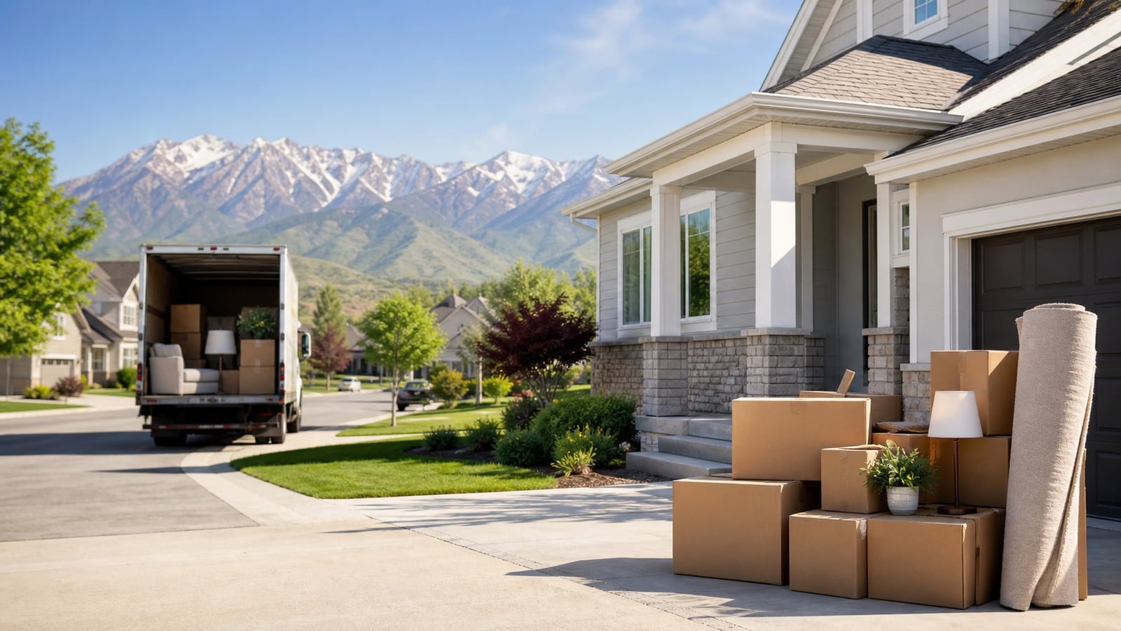 A suburban home prepared for moving, with mountains in the distance